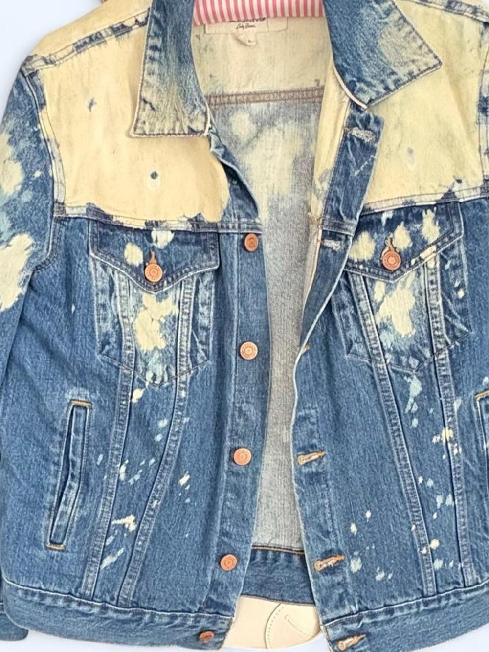 Lucky Brand Two-Tone Distressed Denim Jacket - Blue & Cream